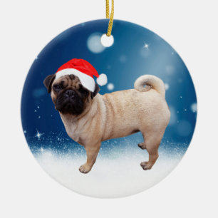 Cute Pug Dog Christmas Santa Hat Snow Stars Ceramic Tree Decoration