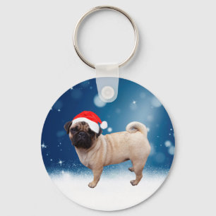 Cute Pug Dog Christmas Santa Hat Snow Stars Key Ring