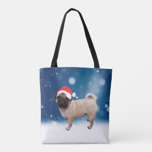 Cute Pug Dog Christmas Santa Hat Snow Stars Tote Bag