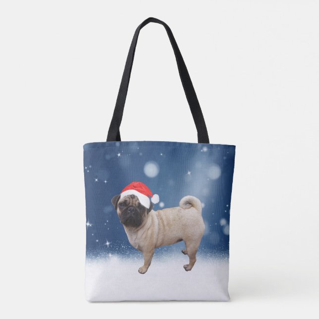 Cute Pug Dog Christmas Santa Hat Snow Stars Tote Bag (Back)
