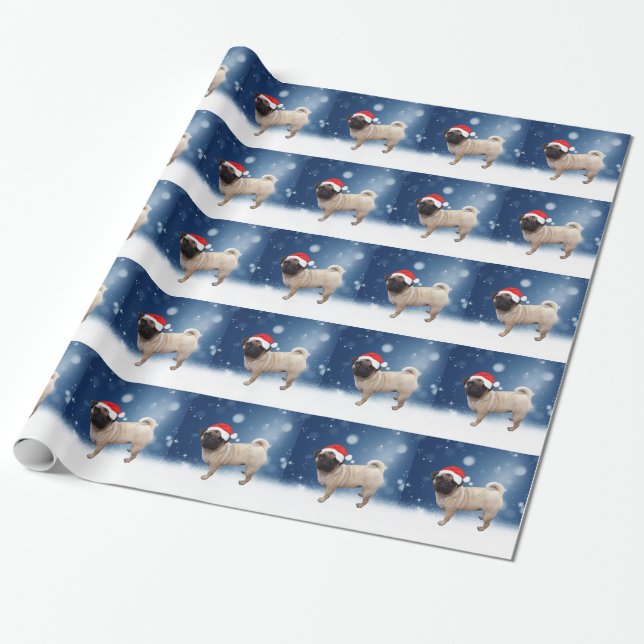 Cute Pug Dog Christmas Santa Hat Snow Stars Wrapping Paper (Unrolled)