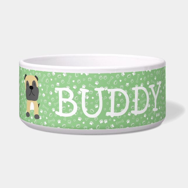 Cute Pug Dog Customisable Name Bowl (Front)