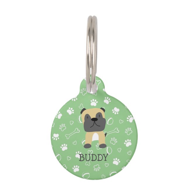Cute Pug Dog Customisable Name Pet Tag (Front)