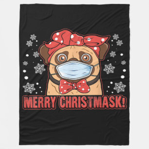 Cute Pug Dog Face Mask Merry Christmas Fleece Blanket