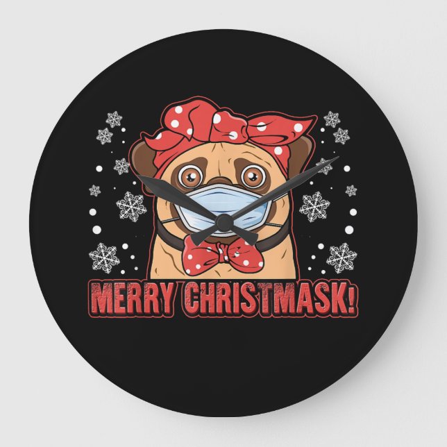 Cute Pug Dog Face Mask Merry Christmas Large Clock (Front)