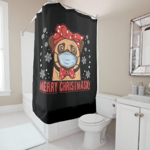 Cute Pug Dog Face Mask Merry Christmas Shower Curtain