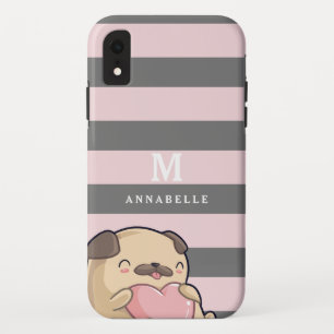 Cute Pug Dog Heart & Striped Pattern Monogram iPhone XR Case