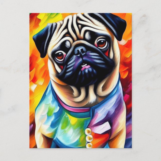 Cute Pug Dog in a Colourful Jacket Postcard (Front)