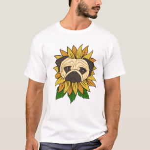 Cute Pug Dog in a Sunflower T-Shirt