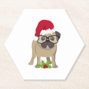 Cute Pug Dog in Christmas Santa Hat. Paper Coaster