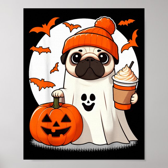 Cute Pug Dog In Ghost Costume Happy Halloween Cost Poster (Front)