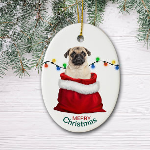 Cute Pug Dog in Holiday Gift Bag Ceramic Ornament