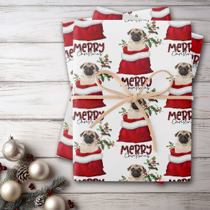 Cute Pug Dog in Holiday Gift Bag Wrapping Paper Sheet