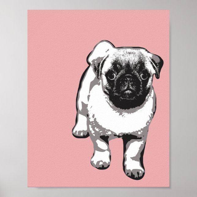 Cute Pug Dog Modern Art Poster Pink Black & White (Front)