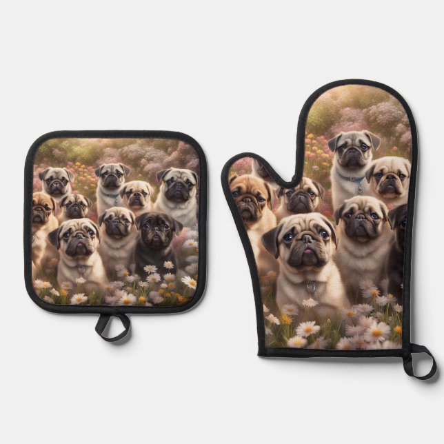 Cute Pug Dog Oven Mitt & Pot Holder Set (Front)