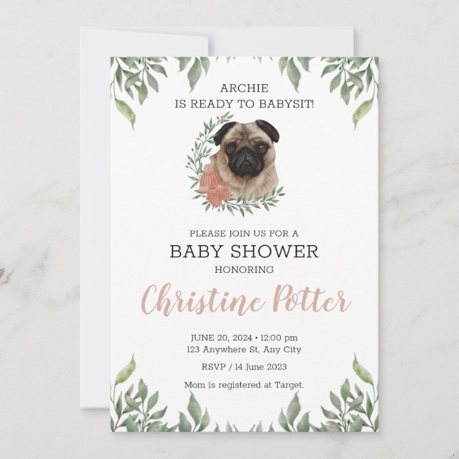 Cute Pug Dog Puppy Greenery Boy Baby Shower Invita Invitation (Front)