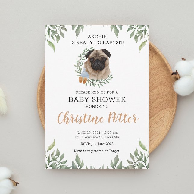 Cute Pug Dog Puppy Greenery Boy Baby Shower Invitation (Creator Uploaded)
