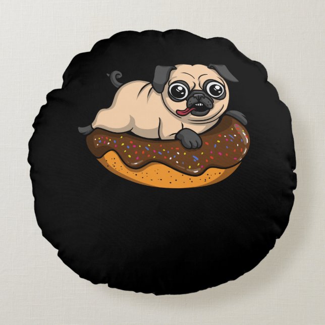 Cute Pug Dog Riding Doughnut Funny Pet Round Cushion (Front)