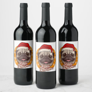 Cute Pug Dog Santa Hat With Snowflakes Christmas   Wine Label