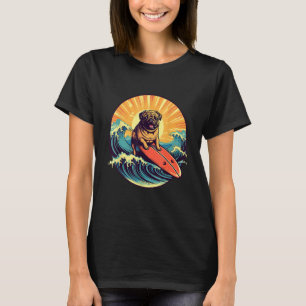 Cute Pug Dog Surfing Japanese Great Waves Surf Boa T-Shirt