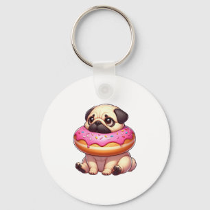 Cute pug dog with doughnut snacking dessert key ring