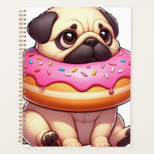 Cute pug dog with doughnut snacking dessert planner