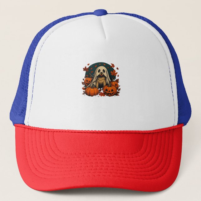 Cute Pug Dog With Pumpkins Fall Halloween Classic  Trucker Hat (Front)