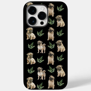 Cute pug dogs with leaves on a black  Case-Mate iPhone 14 pro max case