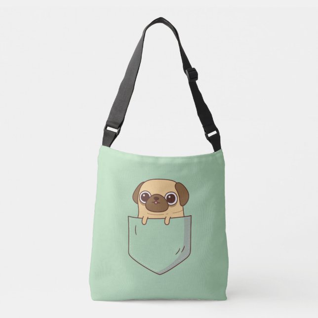 Cute Pug Doodle In Faux Green Pocket Crossbody Bag (Front)