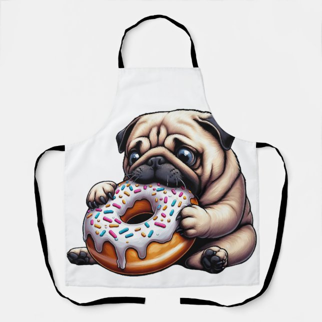 Cute pug doughnut cartoon funny munching apron (Front)