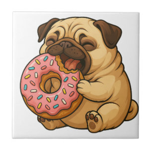Cute pug doughnut cartoon funny munching ceramic tile