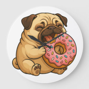 Cute pug doughnut cartoon funny munching large clock