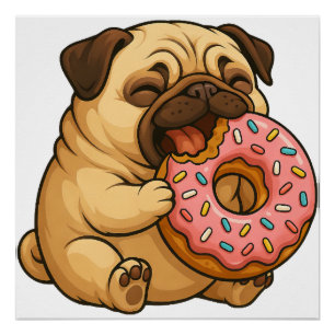 Cute pug doughnut cartoon funny munching poster