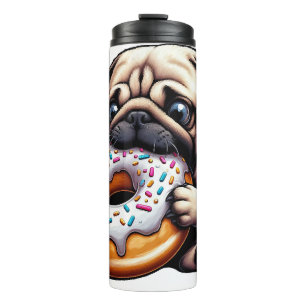 Cute pug doughnut cartoon funny munching thermal tumbler