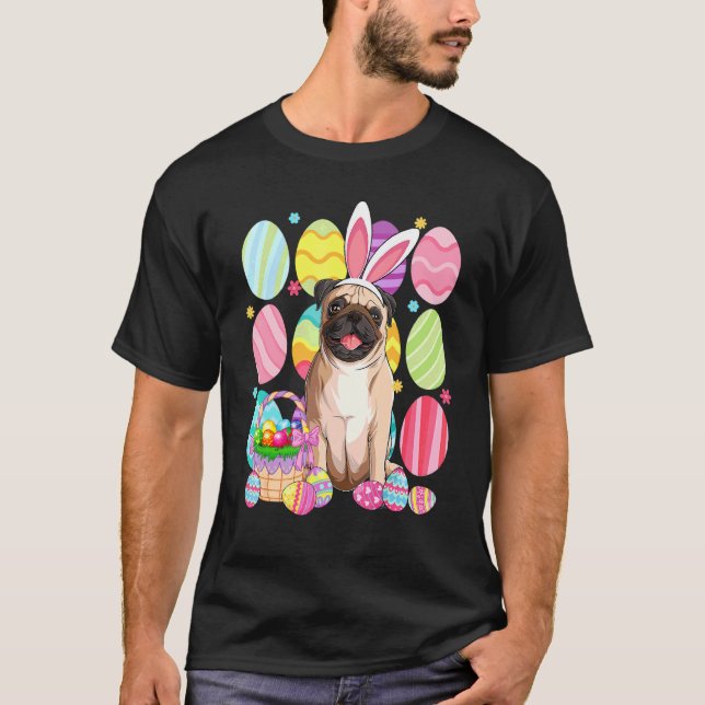 Cute Pug Easter Bunny Ear Colourful Easter Egg Bas T-Shirt (Front)
