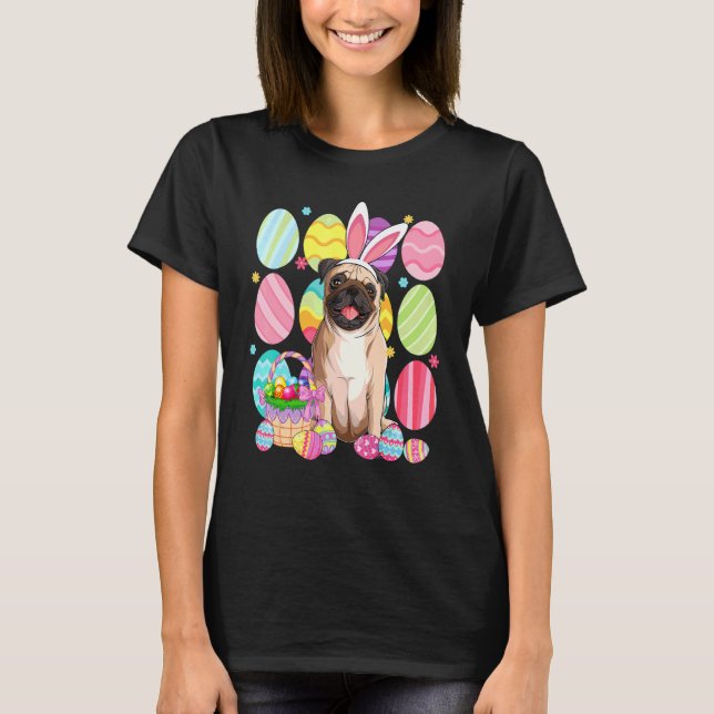 Cute Pug Easter Bunny Ear Colourful Easter Egg Bas T-Shirt (Front)