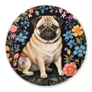 Cute Pug Elegant Colourful Floral Ceramic Knob