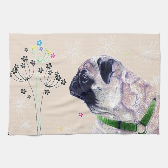 Cute Pug & Flowers Kitchen Towels (Horizontal)