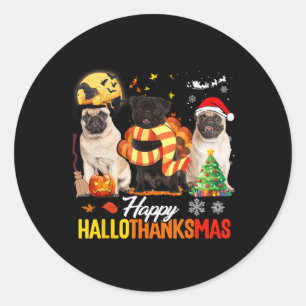 Cute Pug Happy Hallothanksmas Halloween Thanksgivi Classic Round Sticker
