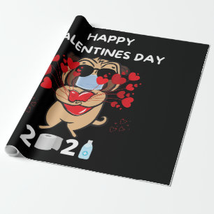 Cute Pug Heart Face Mask Happy Valentine's Day Wrapping Paper