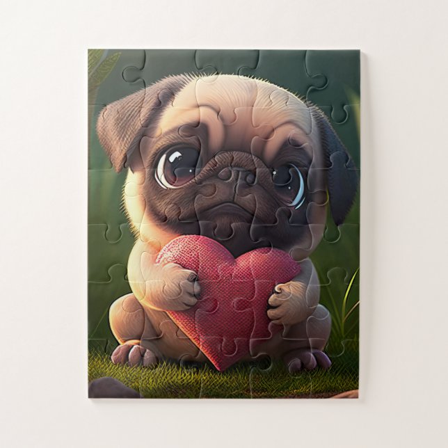 Cute Pug Holding a Heart Jigsaw Puzzle (Vertical)