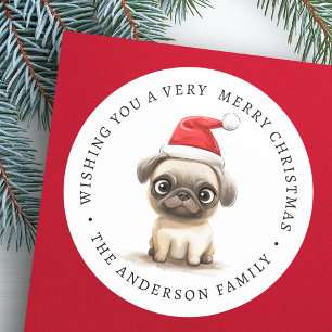 Cute pug in Santa hat illustration family name Classic Round Sticker