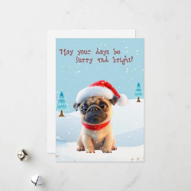 Cute Pug in Snow Christmas Card (Front/Back In Situ)