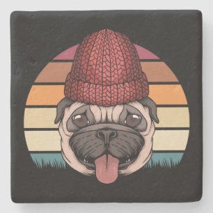Cute Pug in Winter Hat Retro Design Stone Coaster