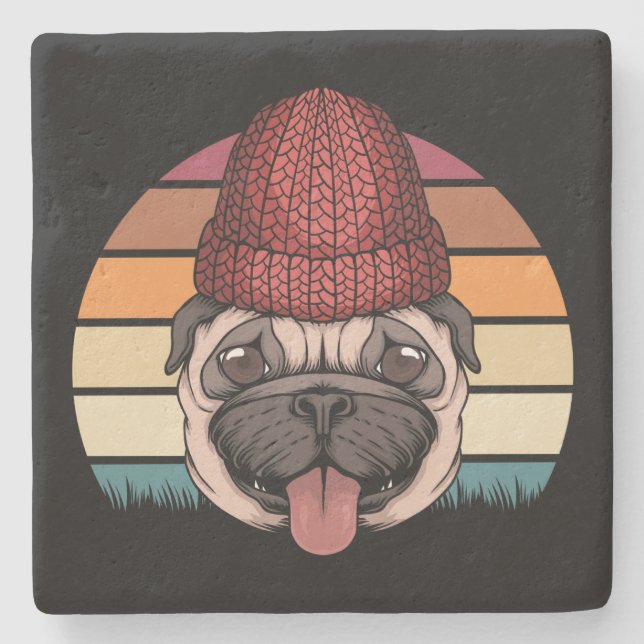 Cute Pug in Winter Hat Retro Design Stone Coaster (Front)