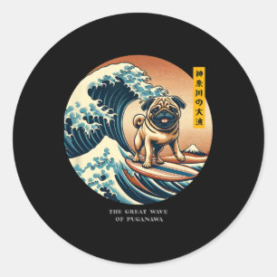 Cute Pug Kanagawa Wave Surfing Japanese Kawaii Vin Classic Round Sticker