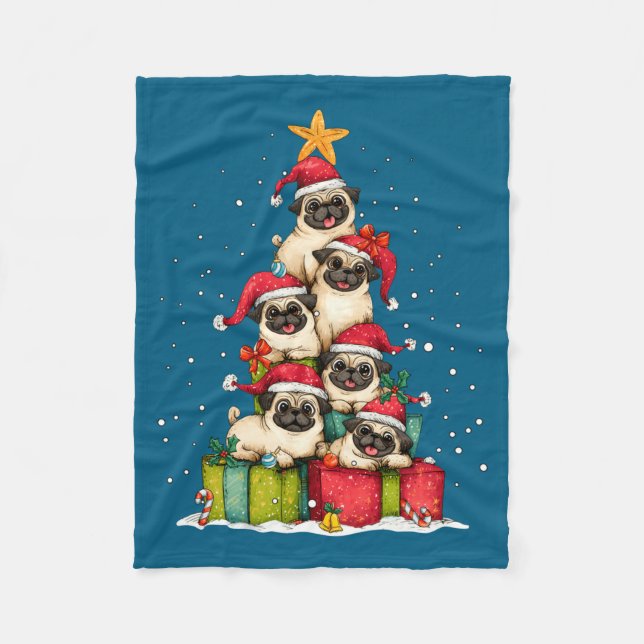 Cute Pug Le Dog Christmas Tree Xmas Hat Long Sleev Fleece Blanket (Front)