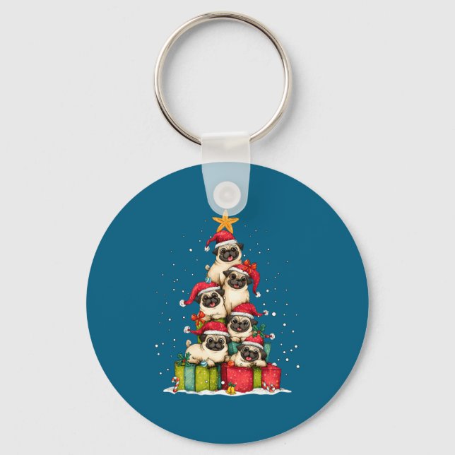 Cute Pug Le Dog Christmas Tree Xmas Hat Long Sleev Key Ring (Front)