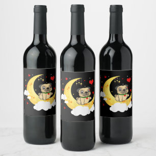 Cute Pug On The Moon Valentine's Day Beauty Wine Label