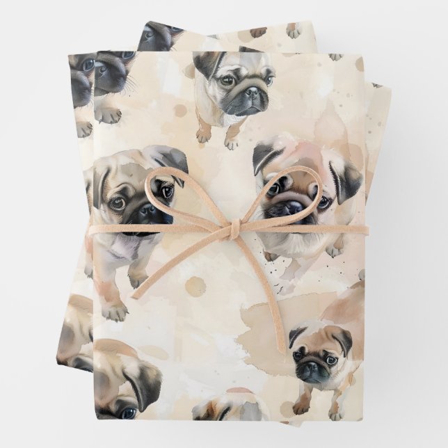 Cute pug puppies pattern wrapping paper sheet (In situ)